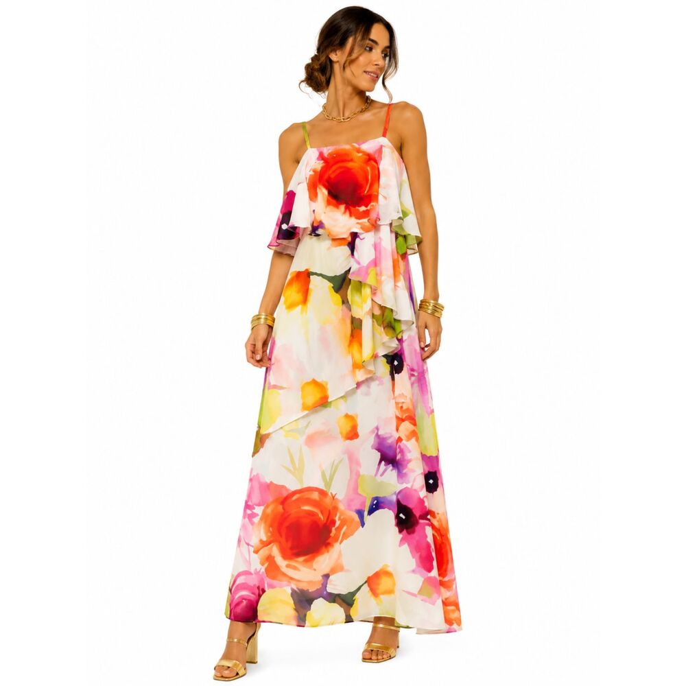 Josie Natori Floral Maxi Dress Size 10R Colorful Watercolor Print Designer